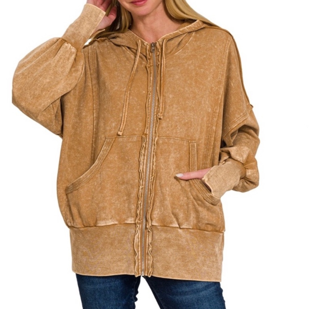 NWOT🤎Zenana Acid Washed French Terry Zip Hoodie S/M  Camel - Picture 3 of 9